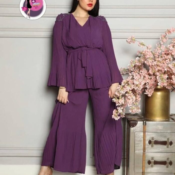 Plum purple pleated Turkish two-piece outfit styled with belted tunic and modest wide-leg pants – model front view.