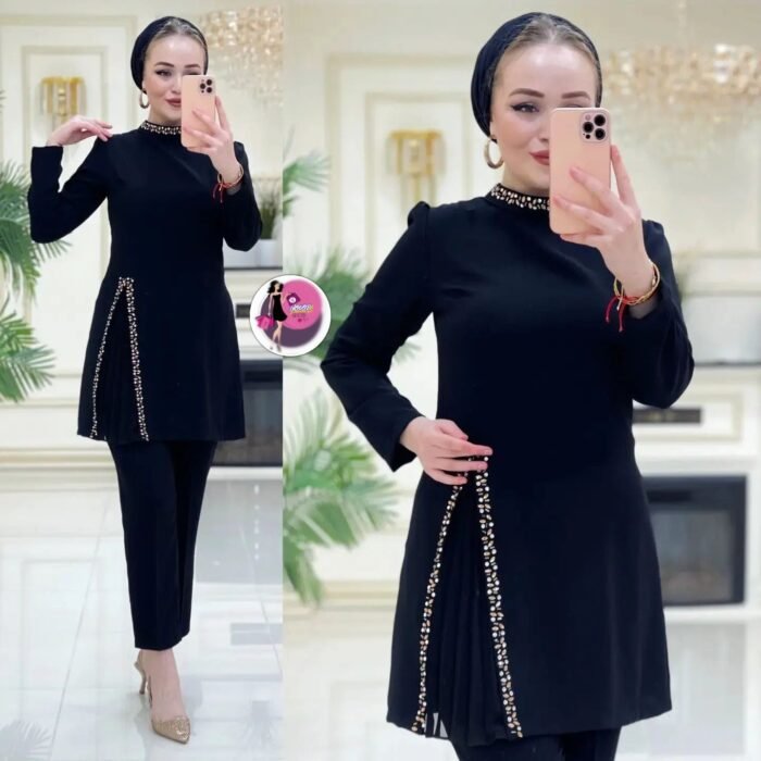 Model wearing classic black Turkish two-piece set with straight tunic and embellished pleated side design – full view.