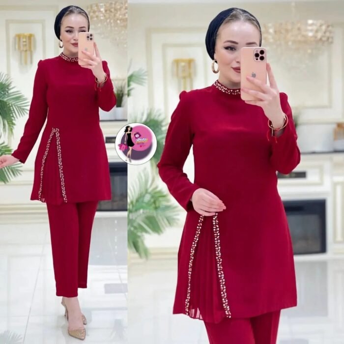 Model wearing crimson red Turkish two-piece set with jeweled neckline and embellished pleated side design – full view.
