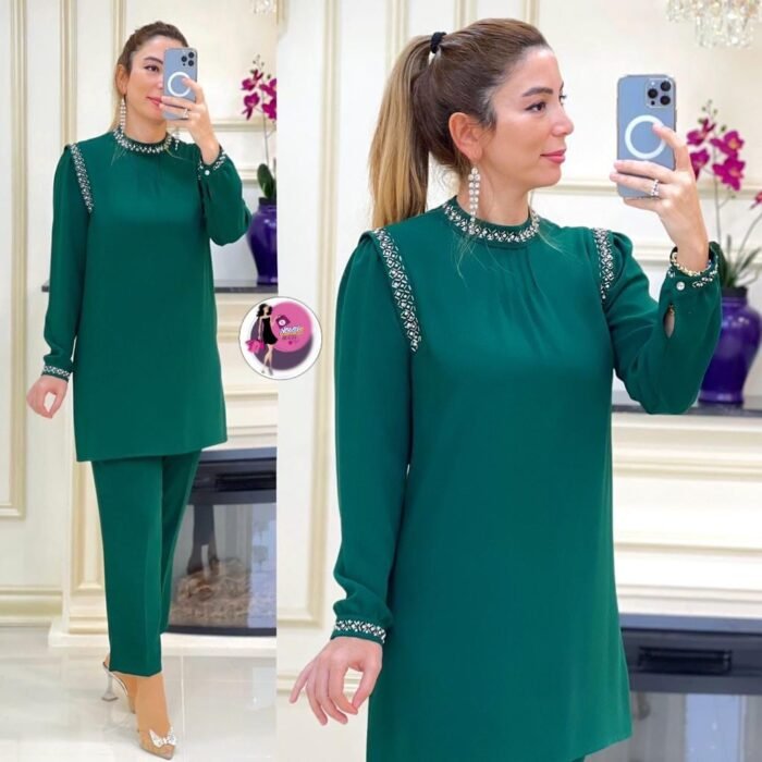 Model wearing dark green Turkish two-piece outfit with jeweled collar and cuff embellishments – full view, and Close-up of dark green Turkish two-piece set showing embellished collar and shoulder details.