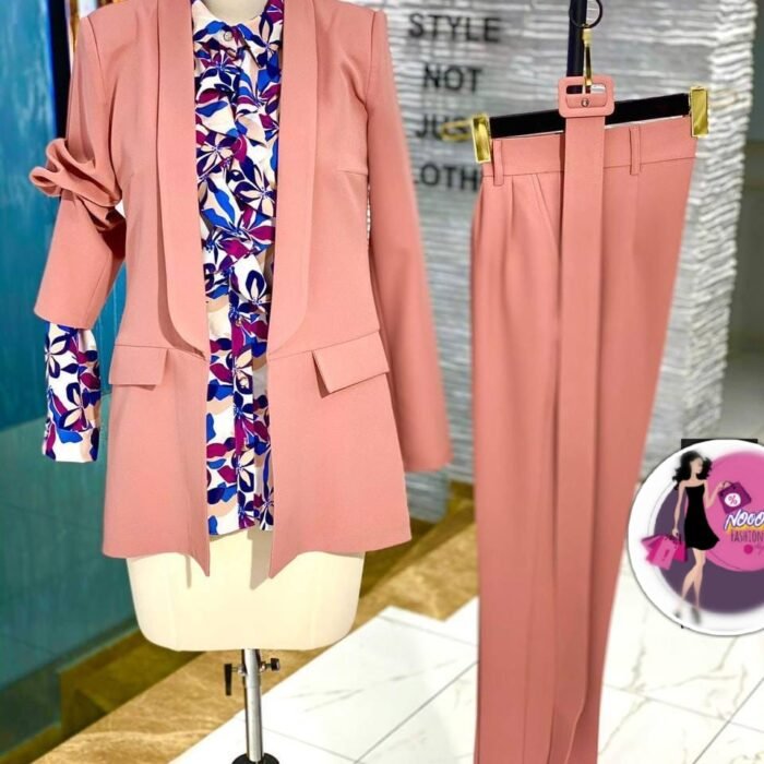 Peach blush Turkish tailored suit set with blazer and slim trousers displayed on mannequin – front view.