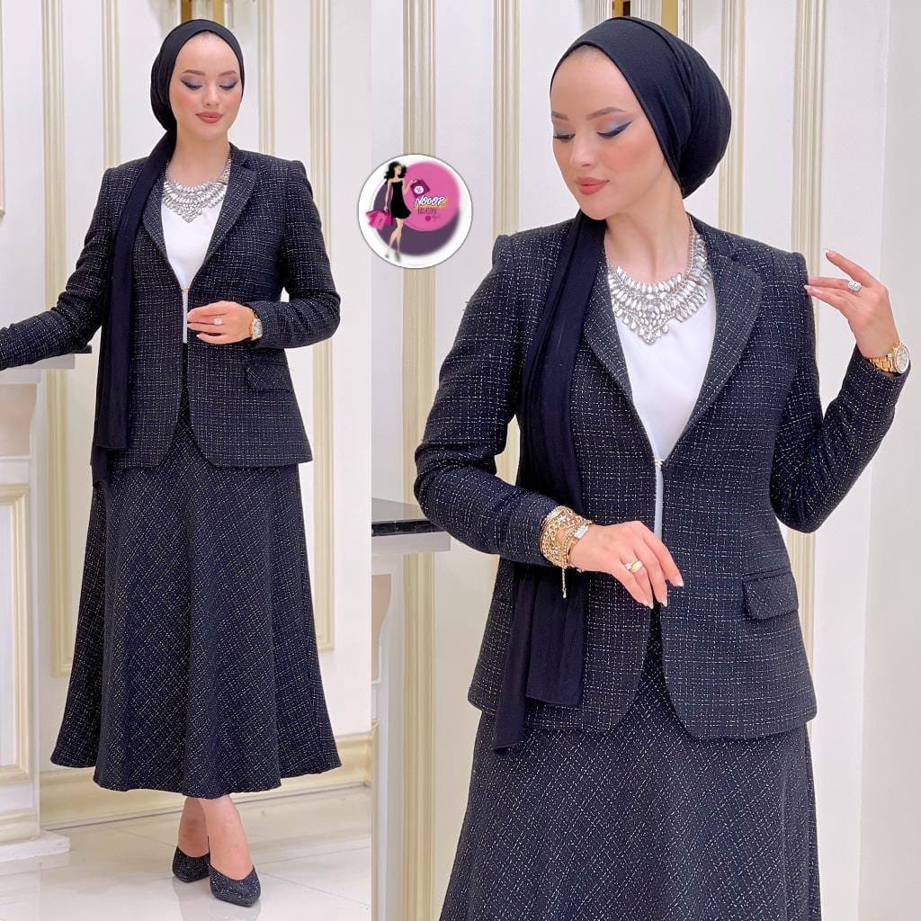 Elegant dark blue tweed blazer and skirt set, styled with chic modest accessories.