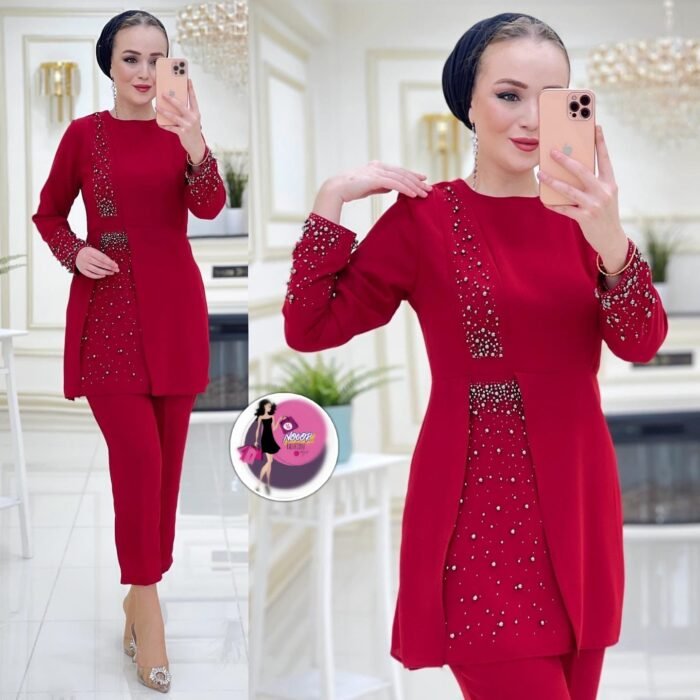 Elegant red two-piece set with pearl embellishments on sleeves and front.